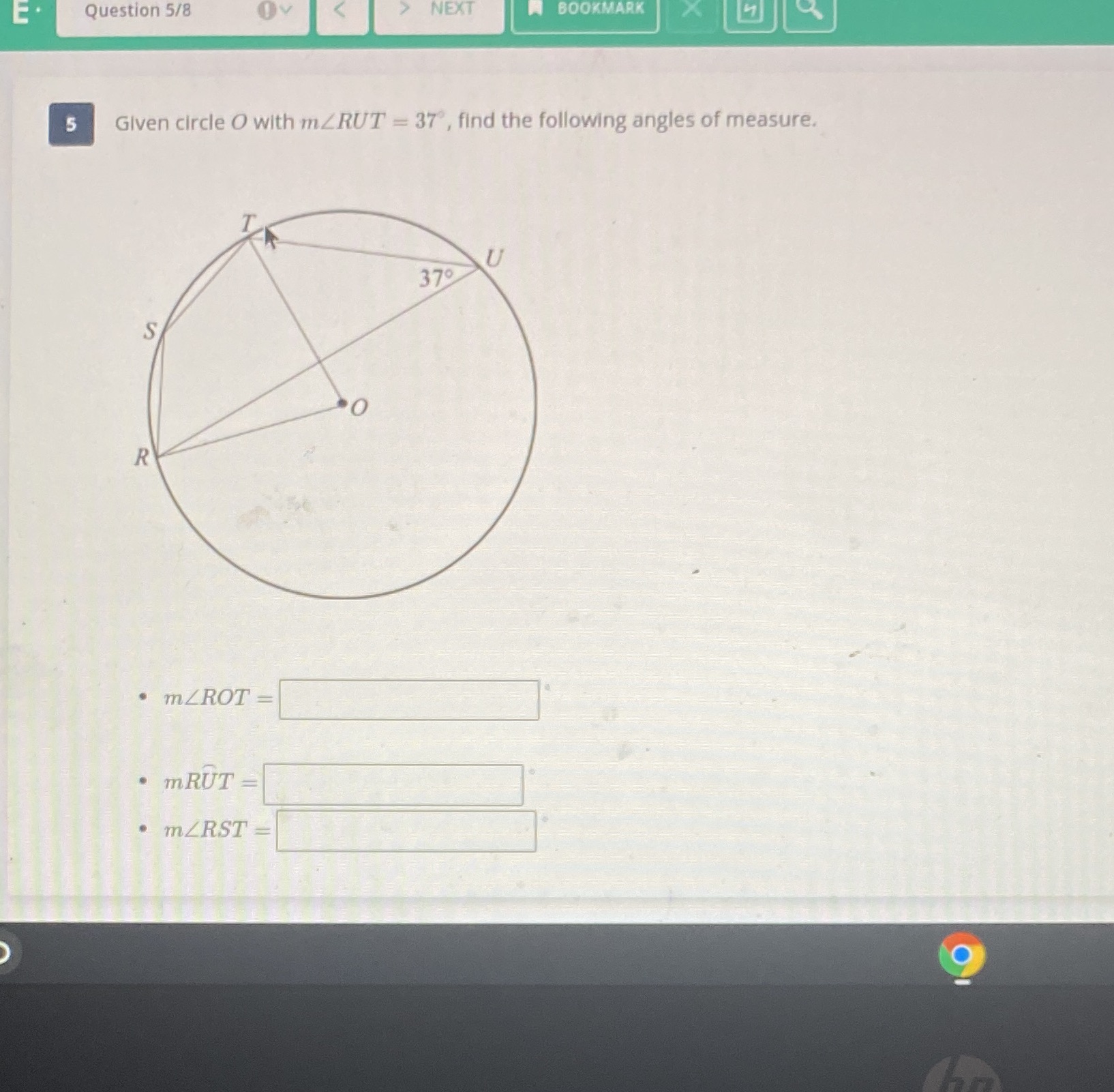 Question 5/8 Ov NEXT BOOKMARK 5 Given circle O