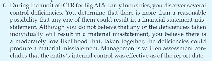 f. During the audit of ICFR for Big Al & Larry