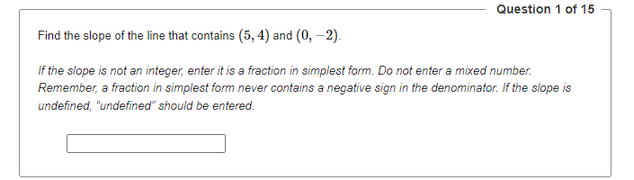 Question 1 of 15 Find the slope of the line that