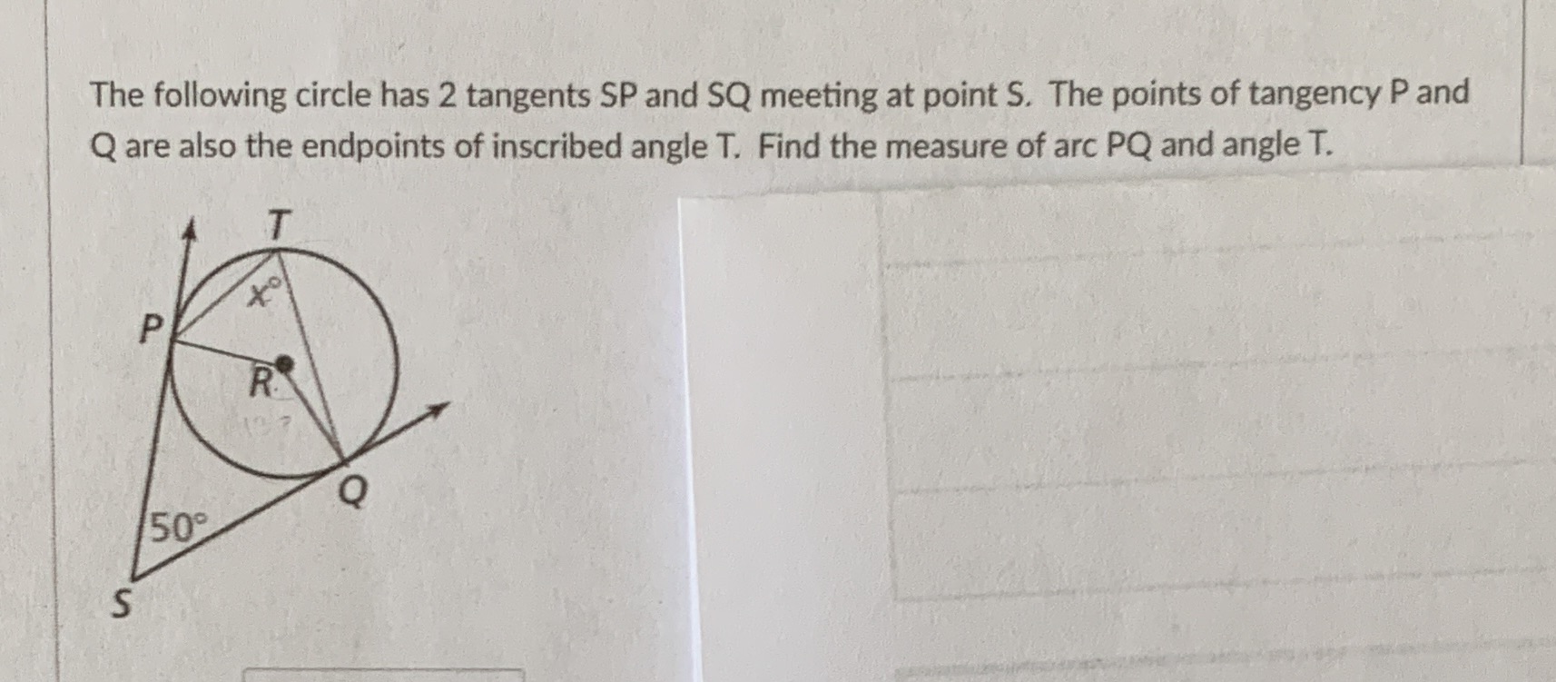 The following circle has 2 tangents SP and SQ