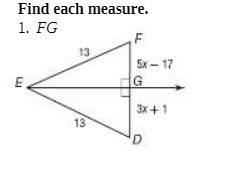 Find each measure, 1. FG F 13 51 - 17 E G 1x + 1