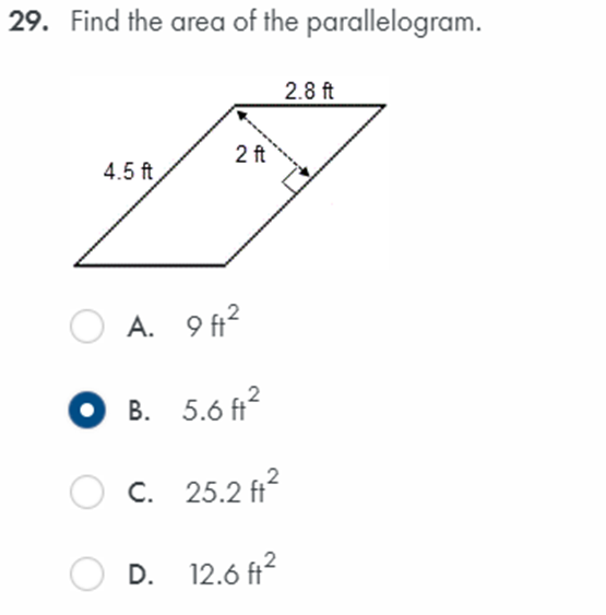 29. Find the area of the parallelogram. 2.8 ft 2
