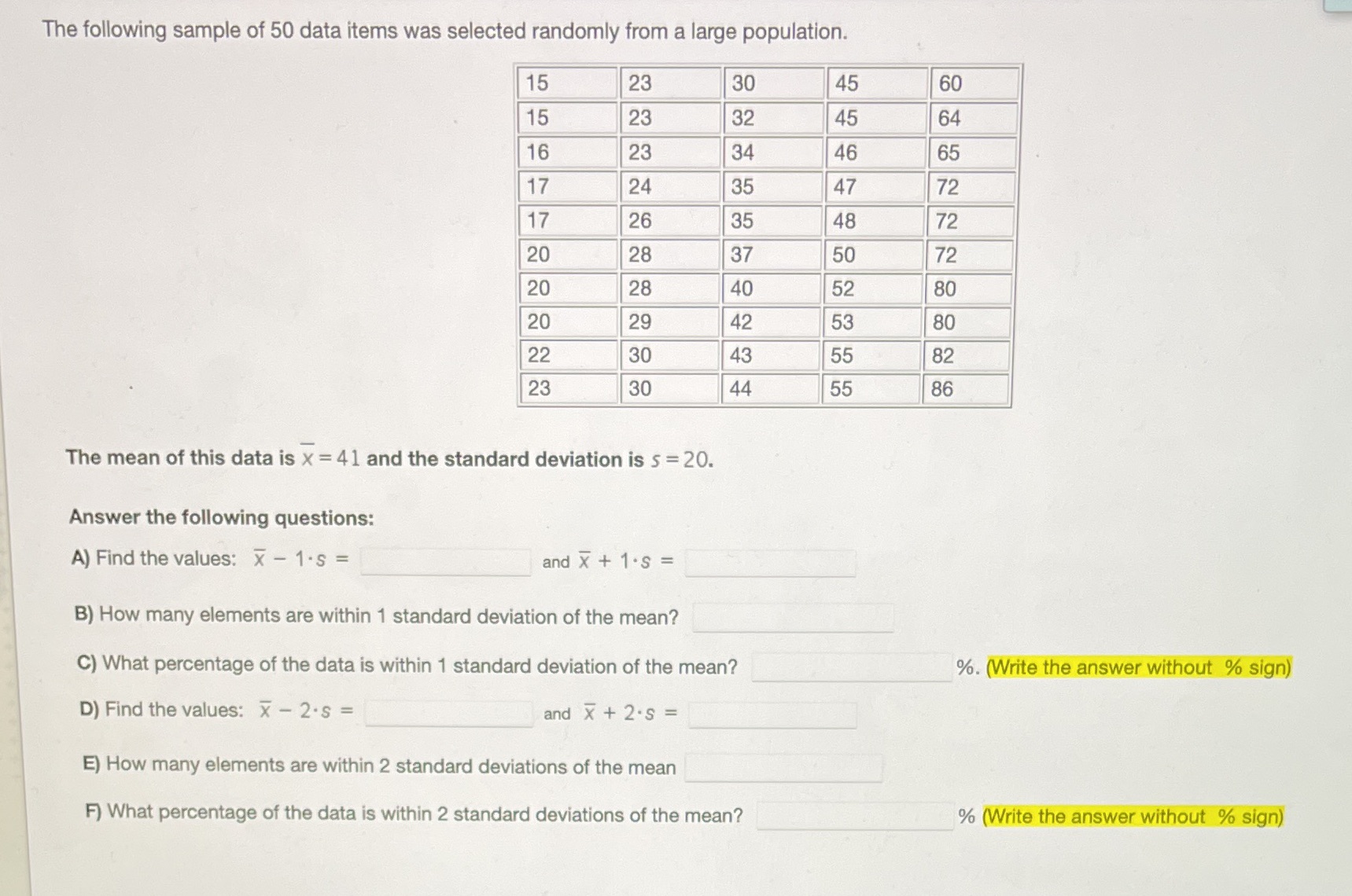 The following sample of 50 data items was