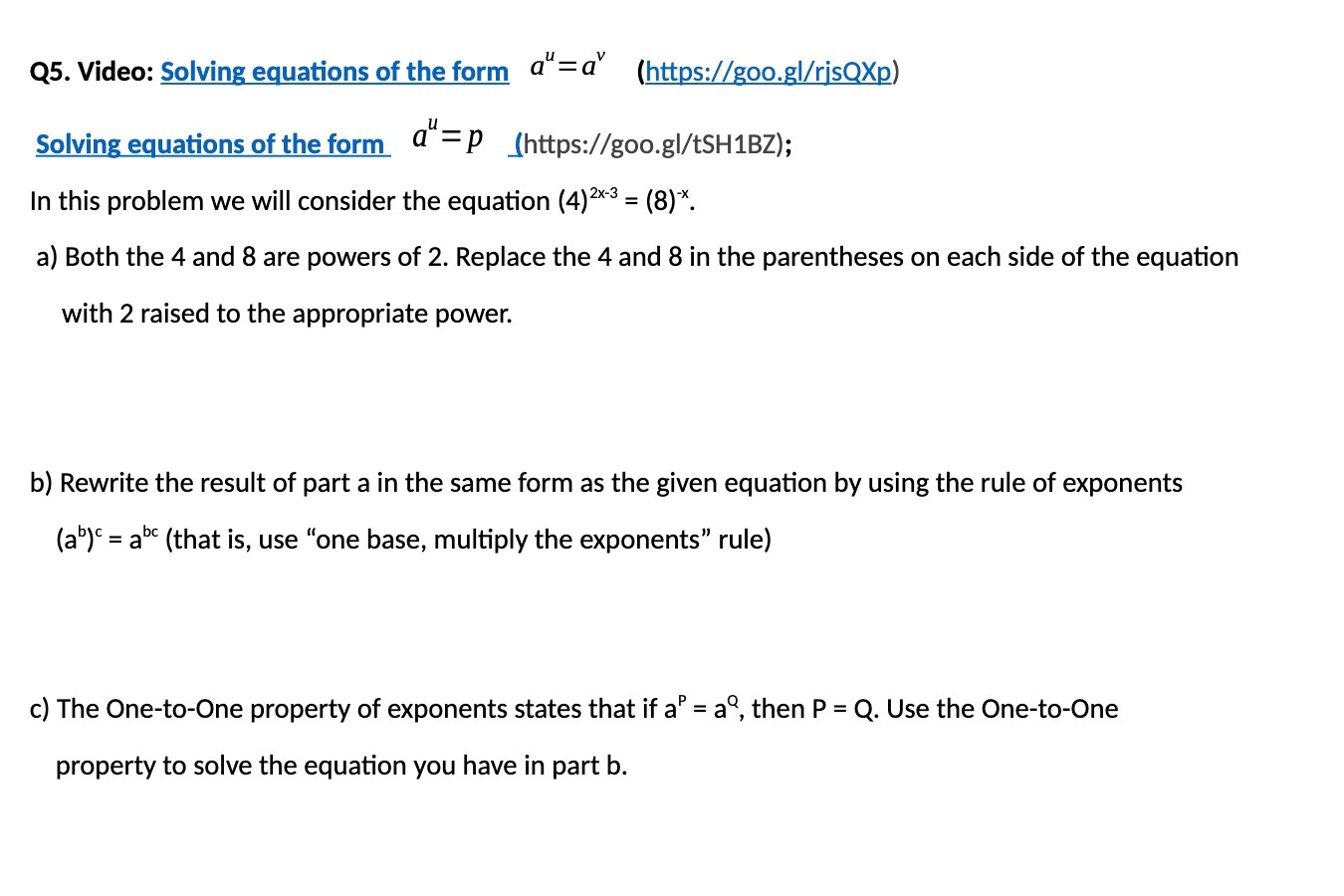 Q5. Video: Solving equations of the form a": UV