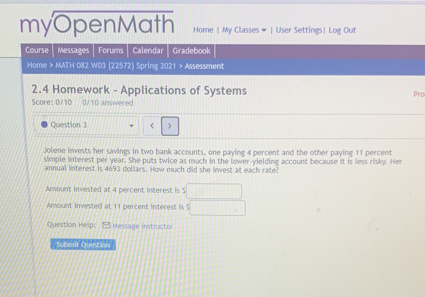 myOpenMath Home | My Classes . | User Settings |