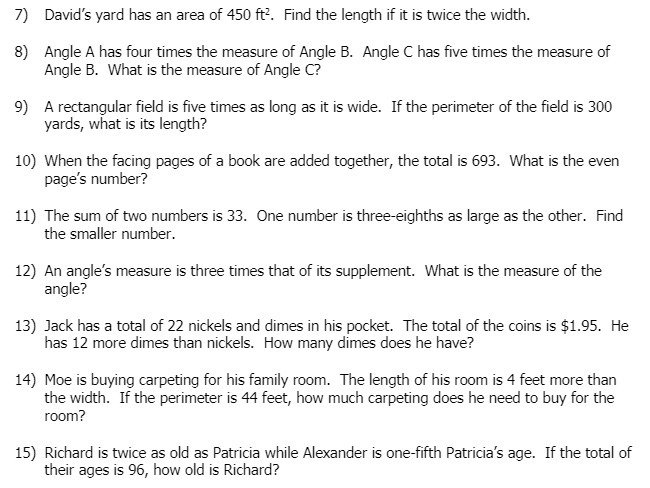 7) David's yard has an area of 450 ft2. Find