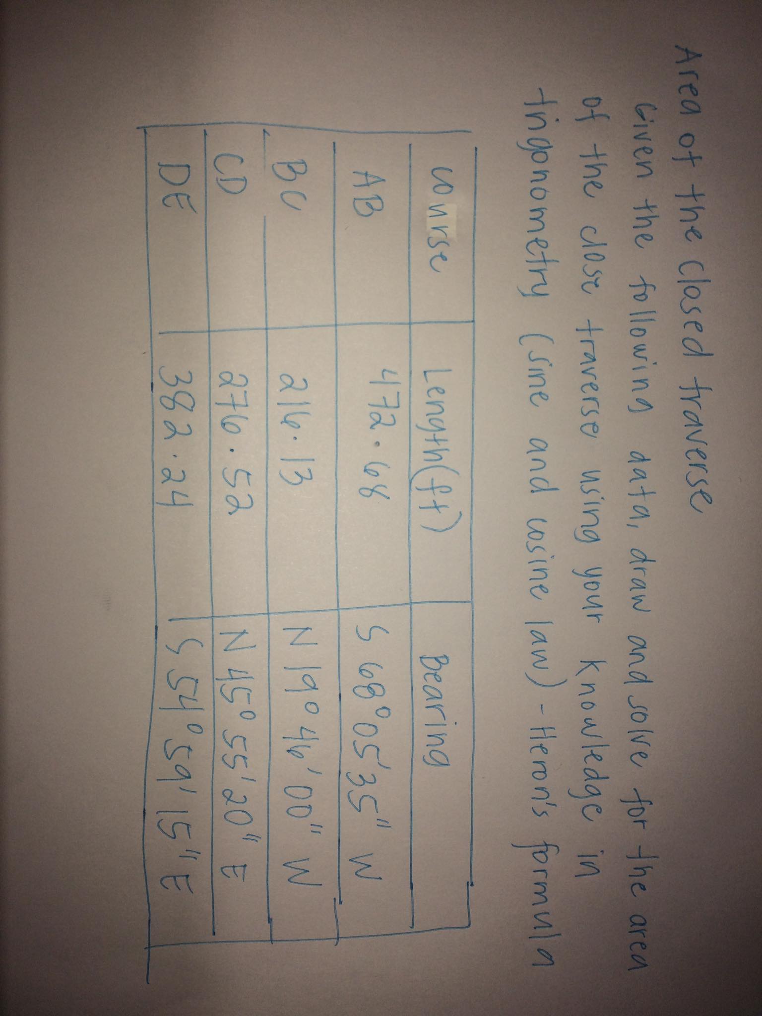 Area of the closed traverse Given the following