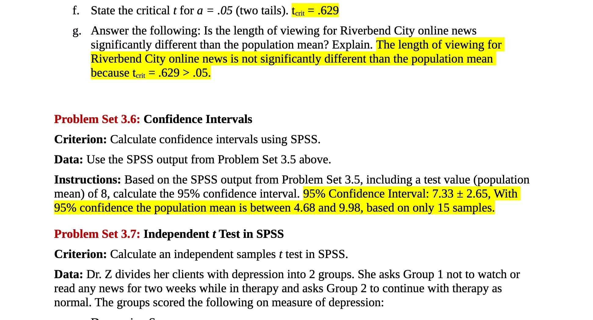 f. State the critical tfor a = .05 (two tails).