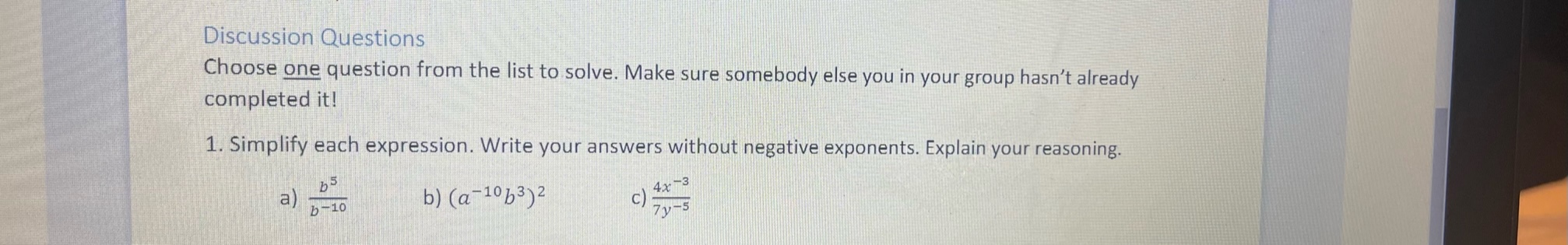 1. Simplify each expression. Write your answers