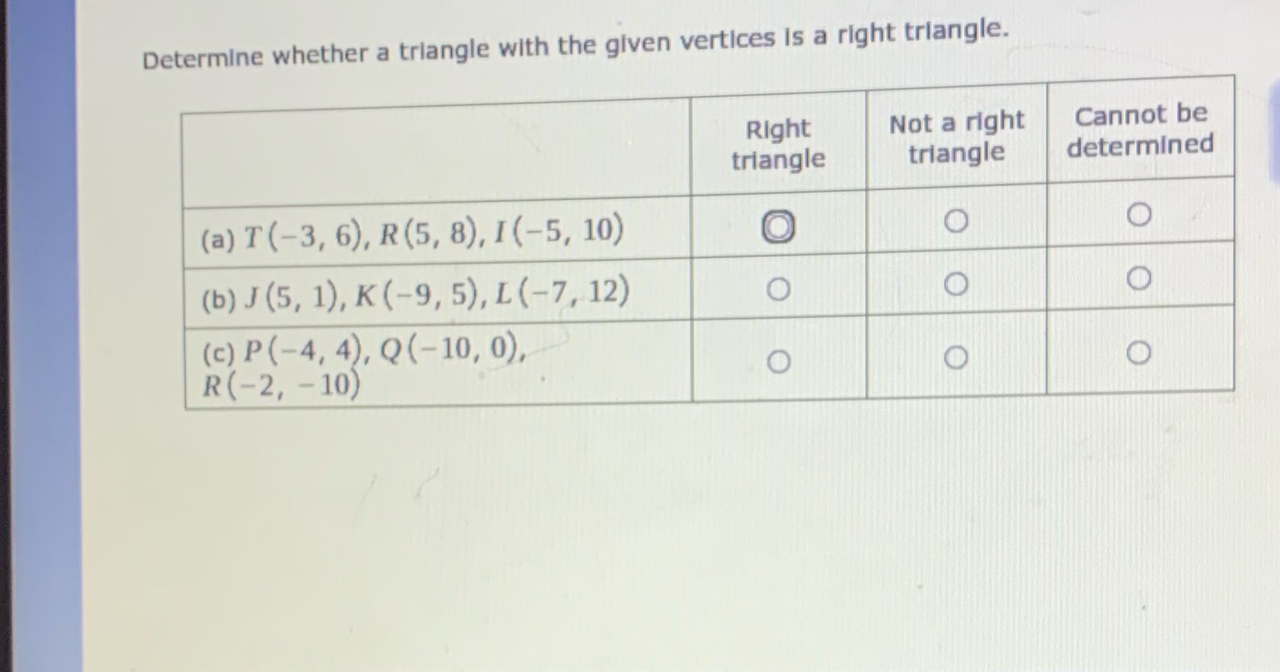 Determine whether a triangle with the given