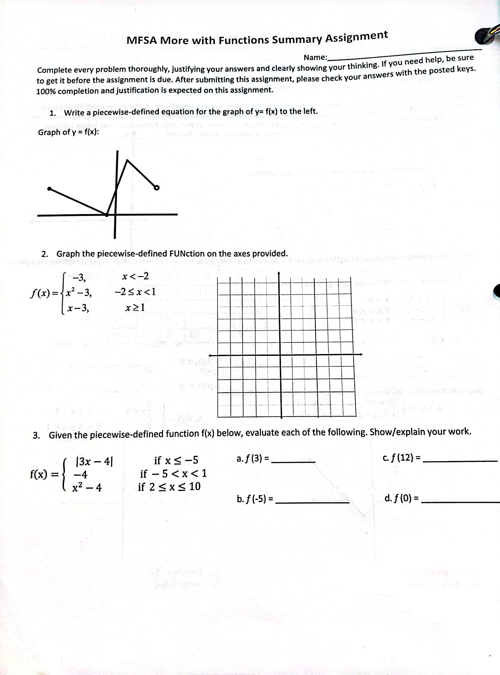 MFSA More with Functions Summary Assignment