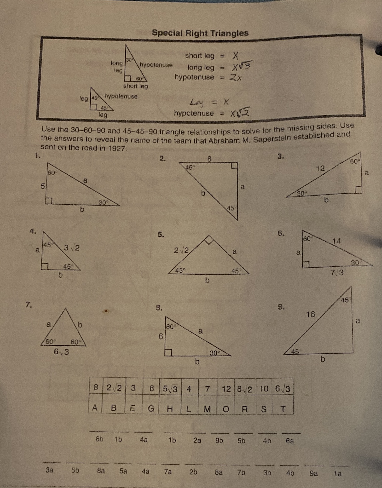 Special Right Triangles short leg = X 30 long