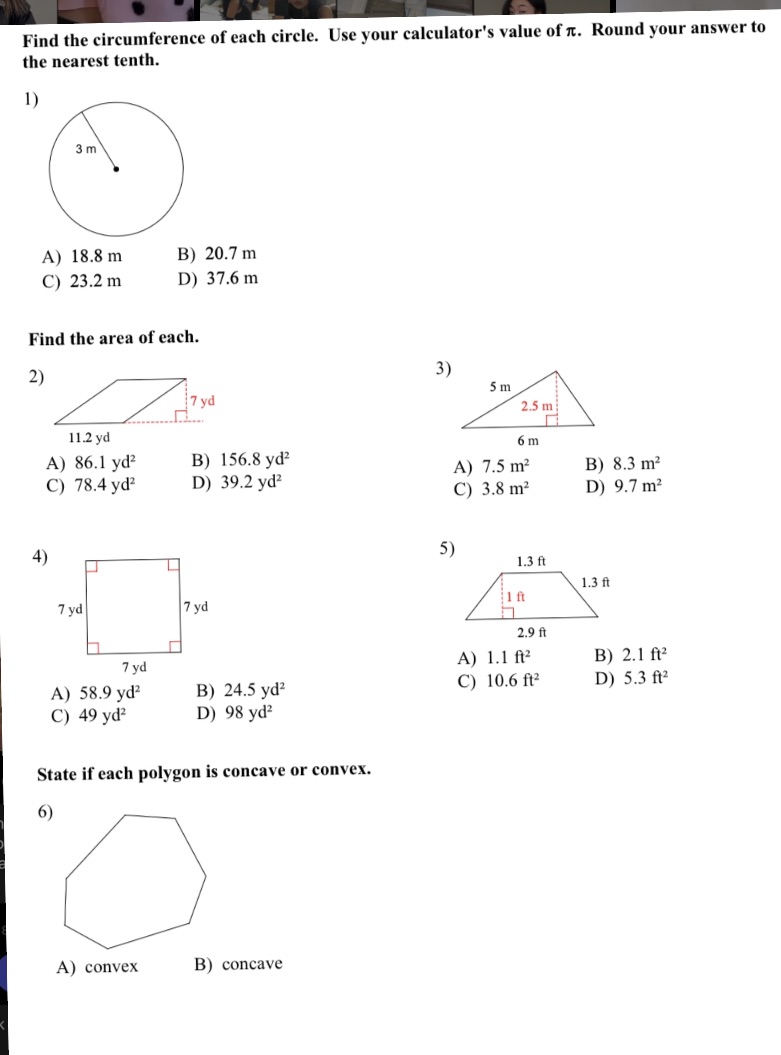 Answer 1-6 please Find the circumference of each