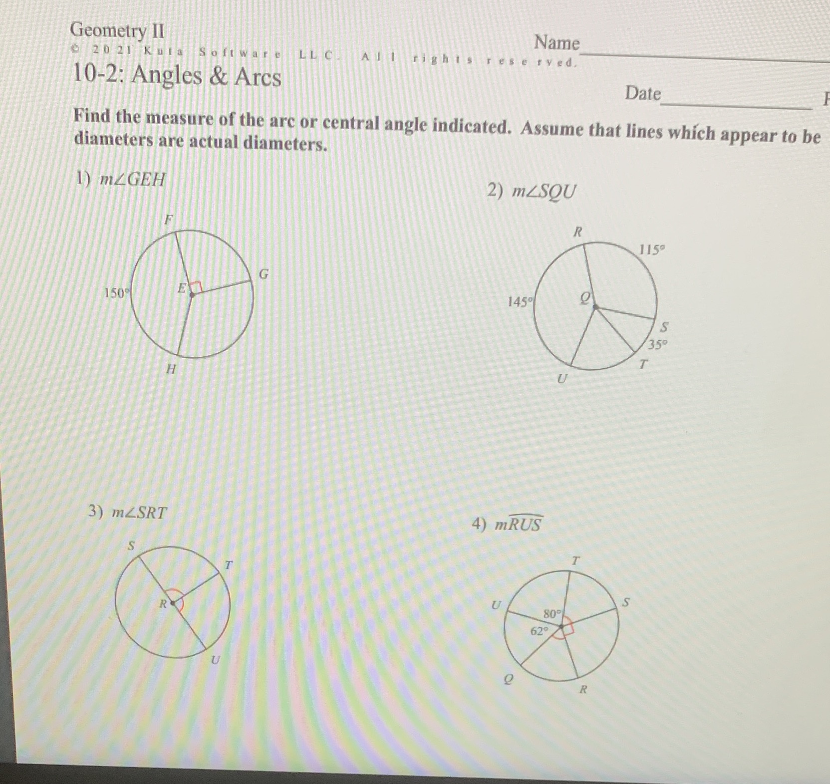 find the measure of the arc or central angle