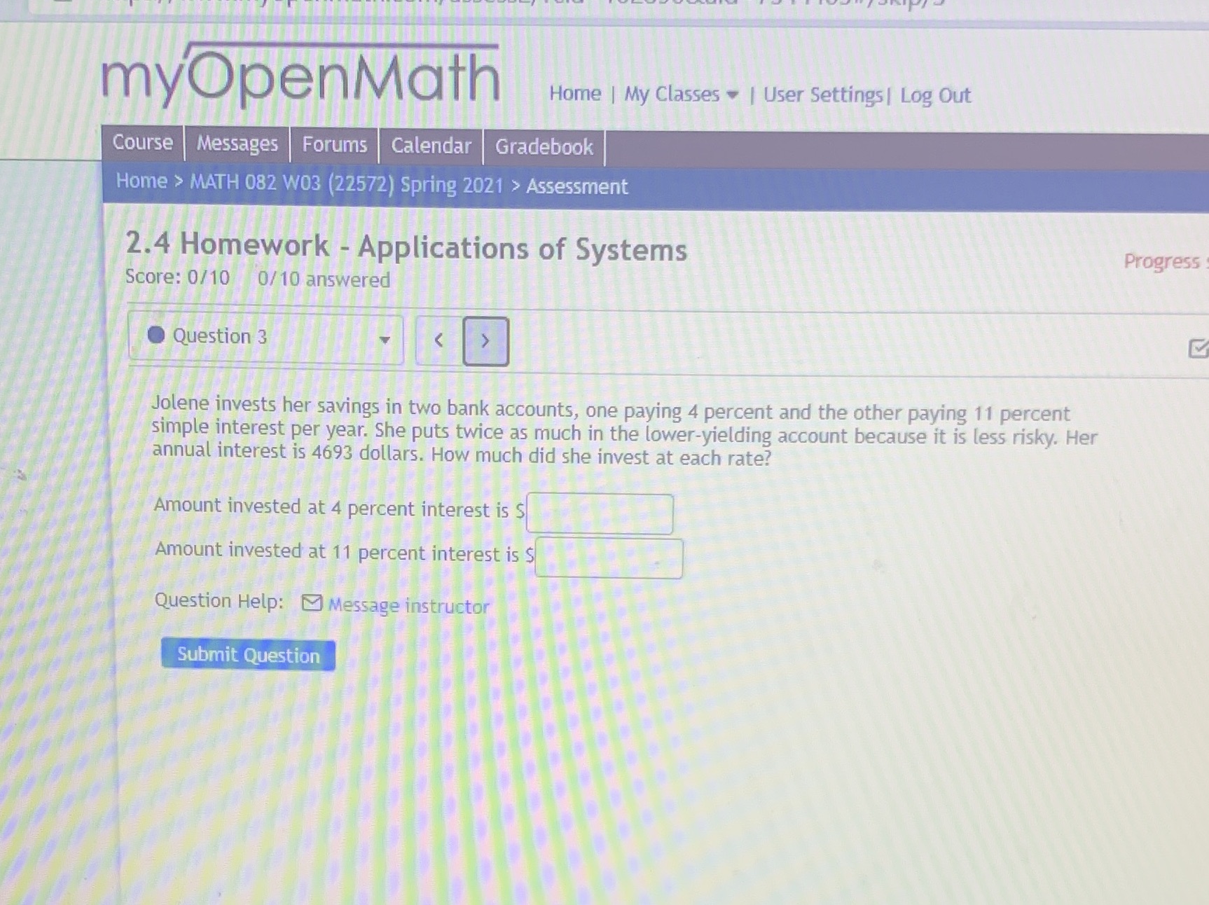 myOpenMath Home | My Classes . | User Settings |