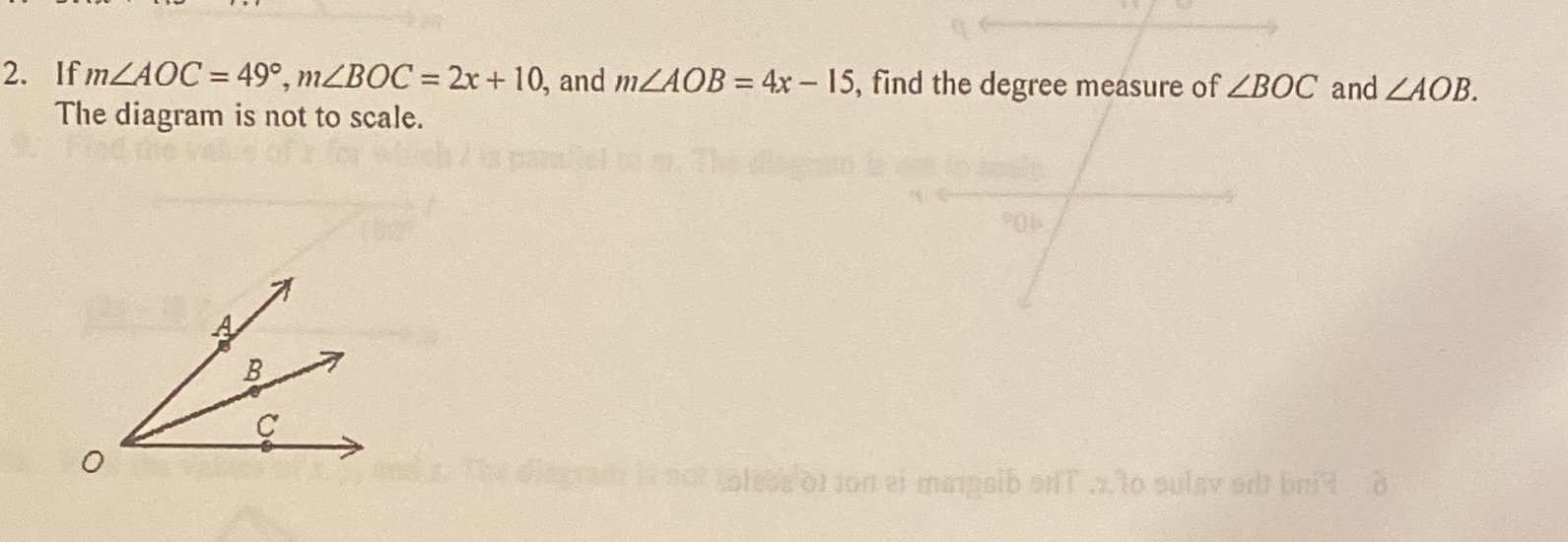 2. If mZAOC = 490, m/BOC = 2x + 10, and mZAOB =