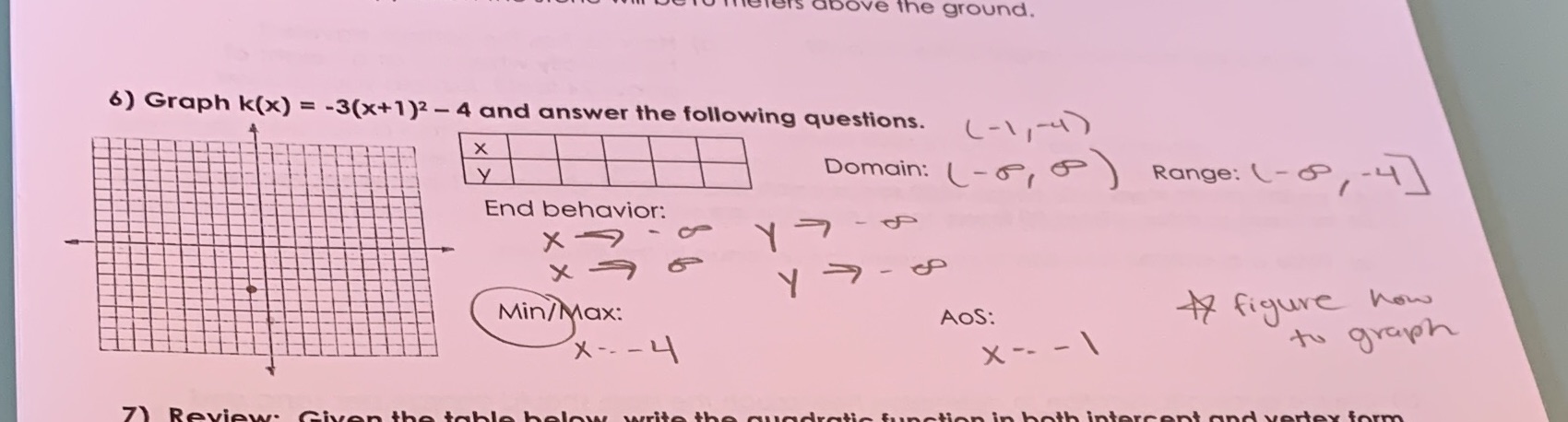 ove the ground. 6) Graph k(x) = -3(x+1)2 - 4 and