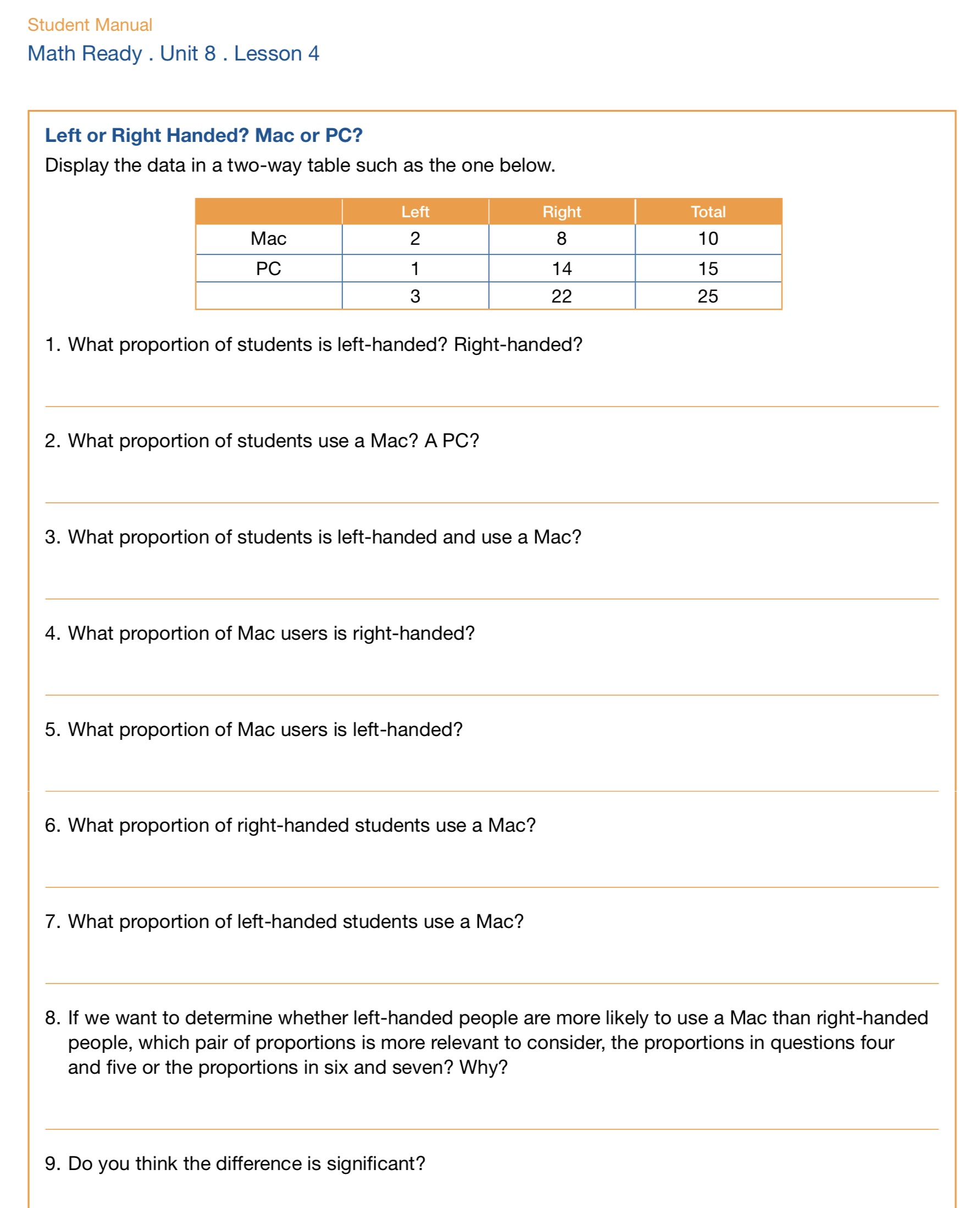 Math Ready . Unit 8 . Lesson 4 Left or Right