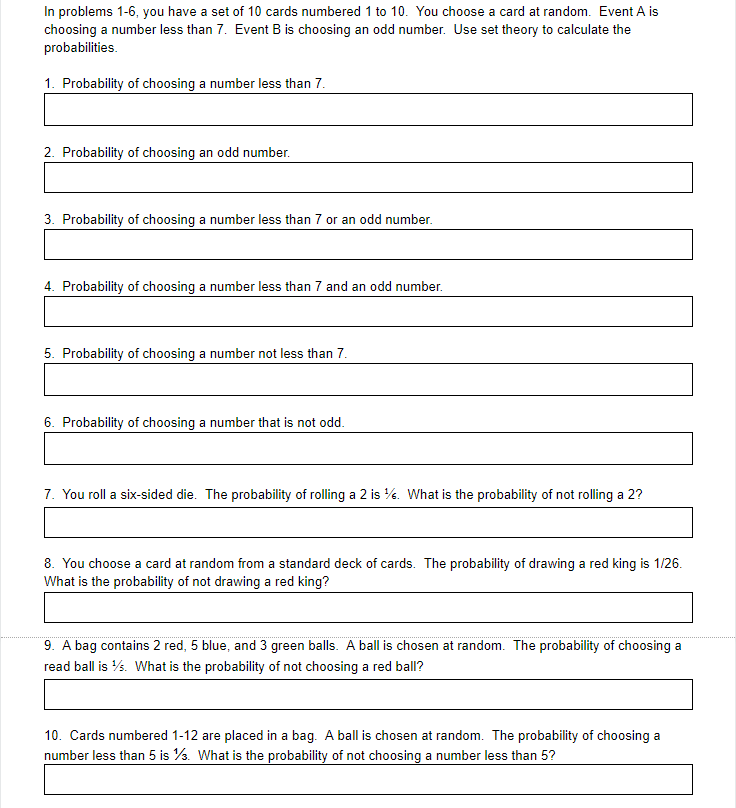 In problems 1-6, you have a set of 10 cards