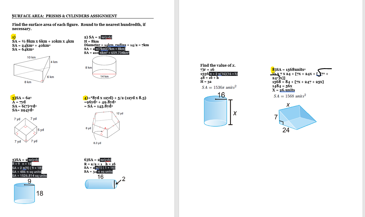 SURFACE AREA: PRISMS & CYLINDERS ASSIGNMENT Find