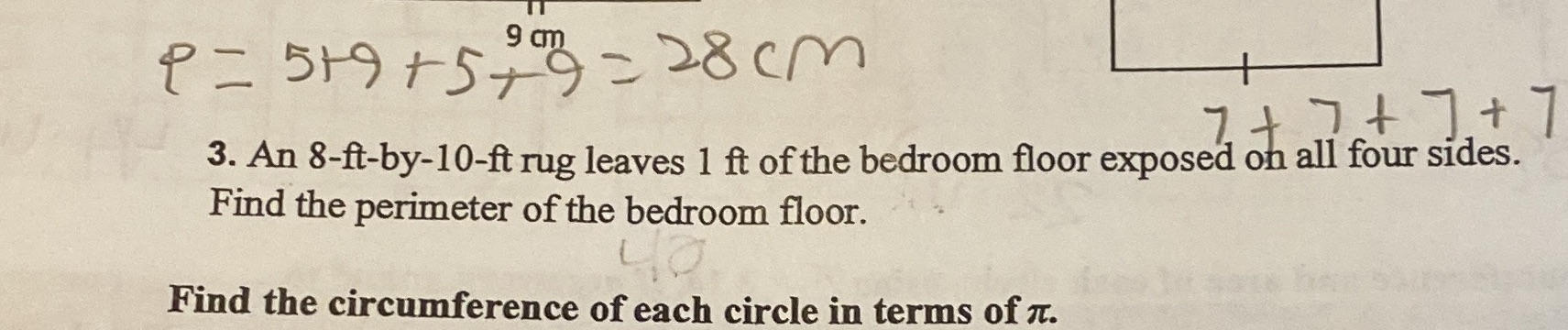 Help with 3 P = 5+9 + 5+9=28 (m 74 7+ 7+7 3. An