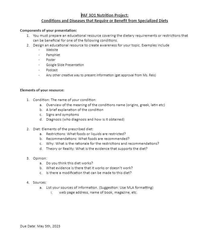 \f\fEAF 301 Nutrition Pro iect: Conditions and