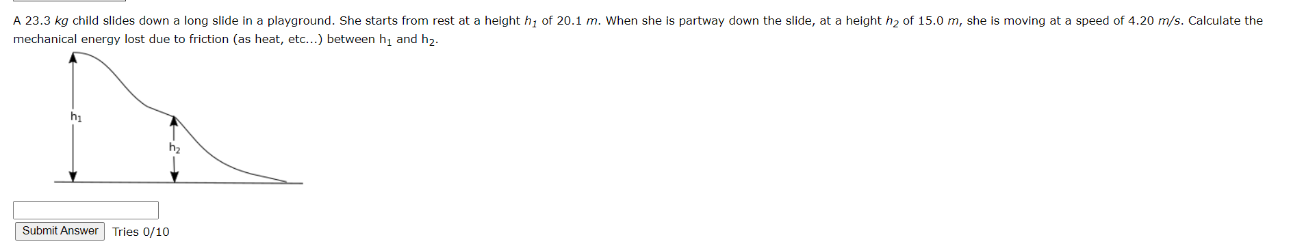 A 23.3 kg child slides down a long slide in a