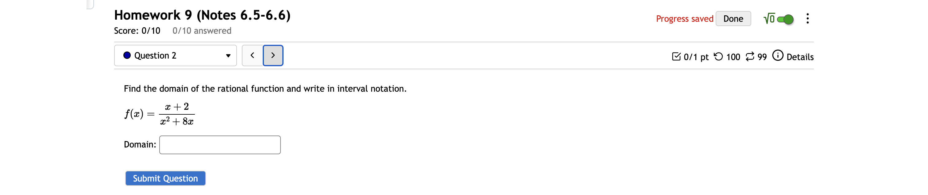 Question 1 0/1 pt ' 100 99 0 Details x - 6