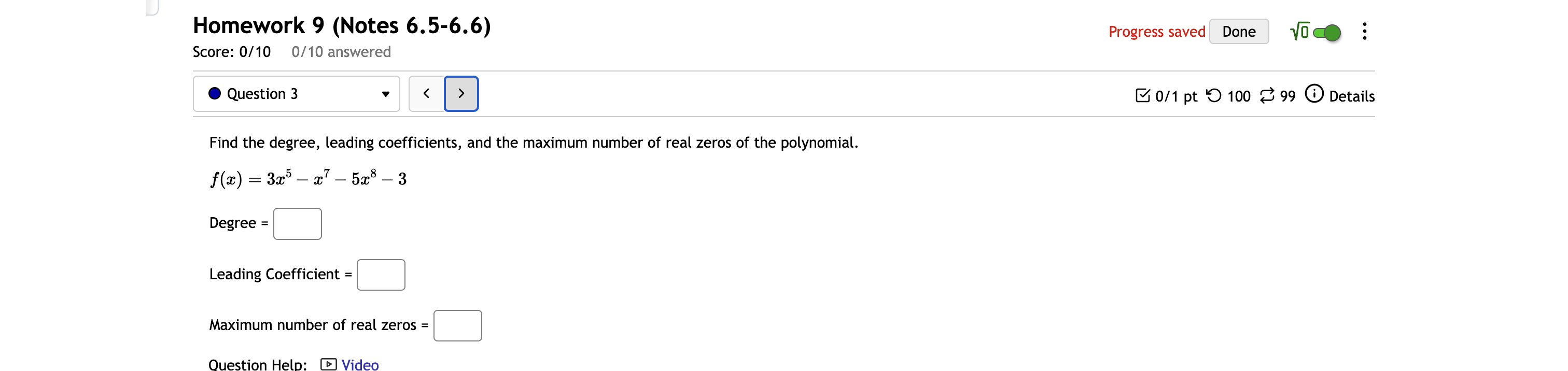 Question 1 0/1 pt ' 100 99 0 Details x - 6