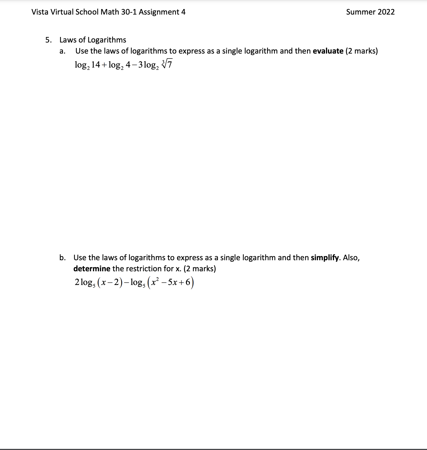 Vista Virtual School Math 30-1 Assignment 4