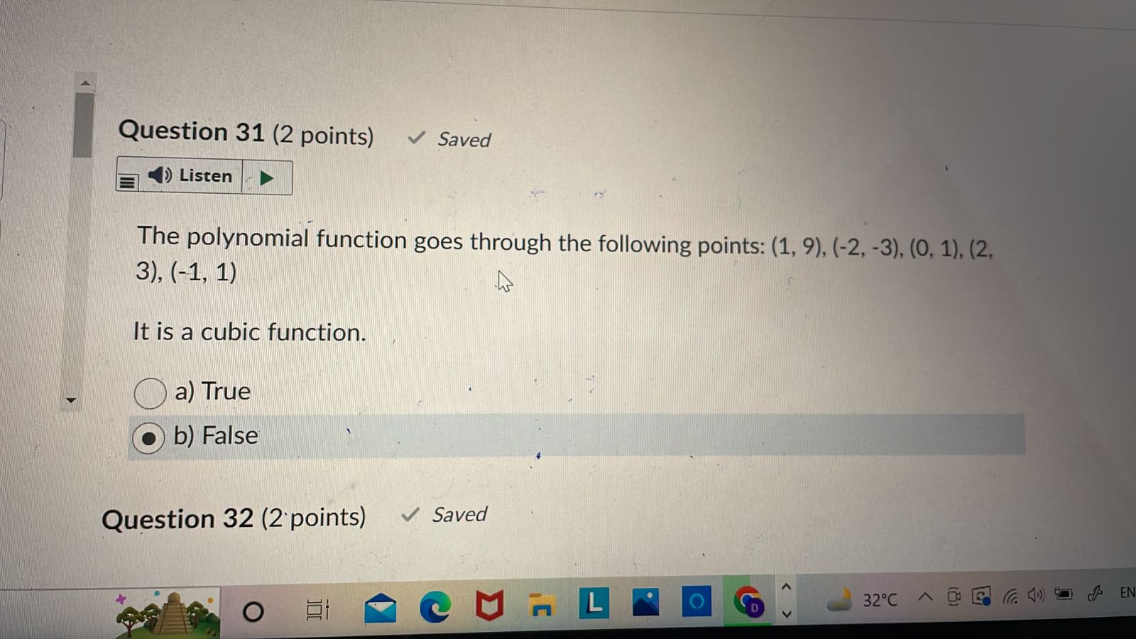 Question 31 (2 points) Saved Listen The