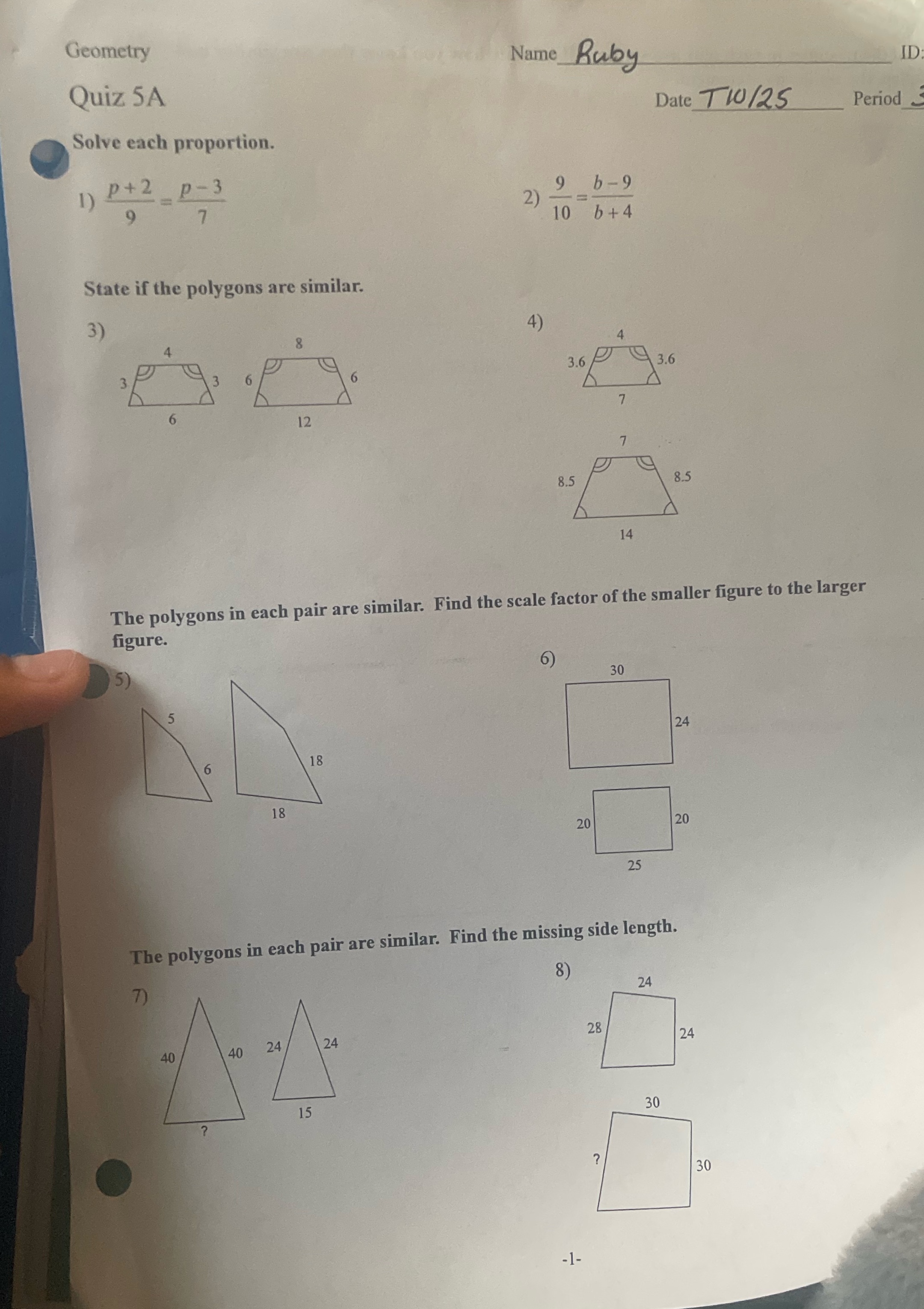 Geometry Name Ruby Quiz 5A ID Date T 10/25 Period