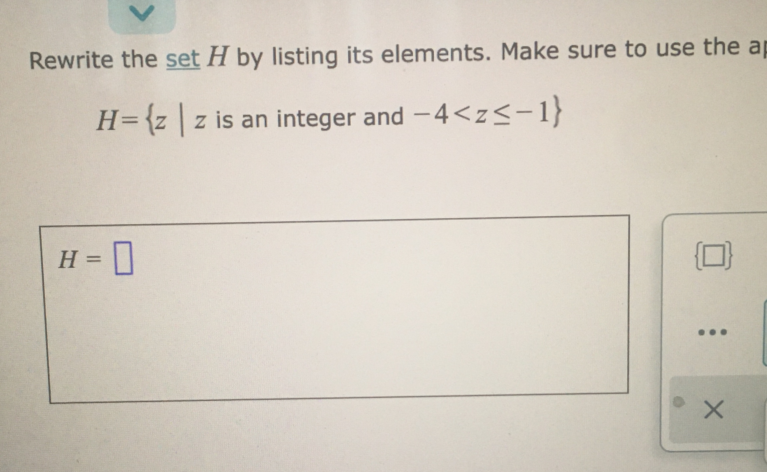 Rewrite the set / by listing its elements. Make