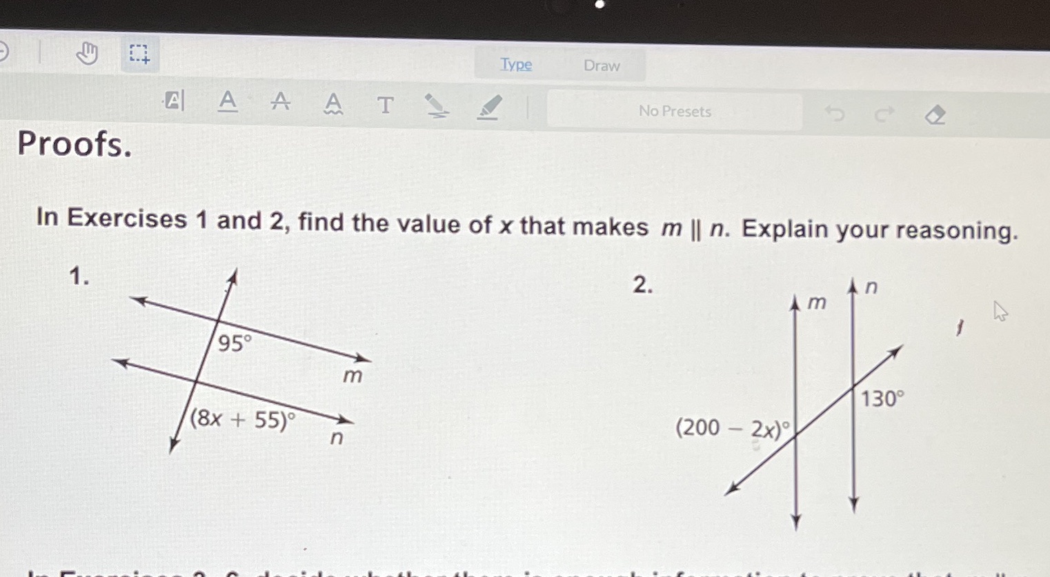 Proofs. In Exercises 1 and 2, find the value of x