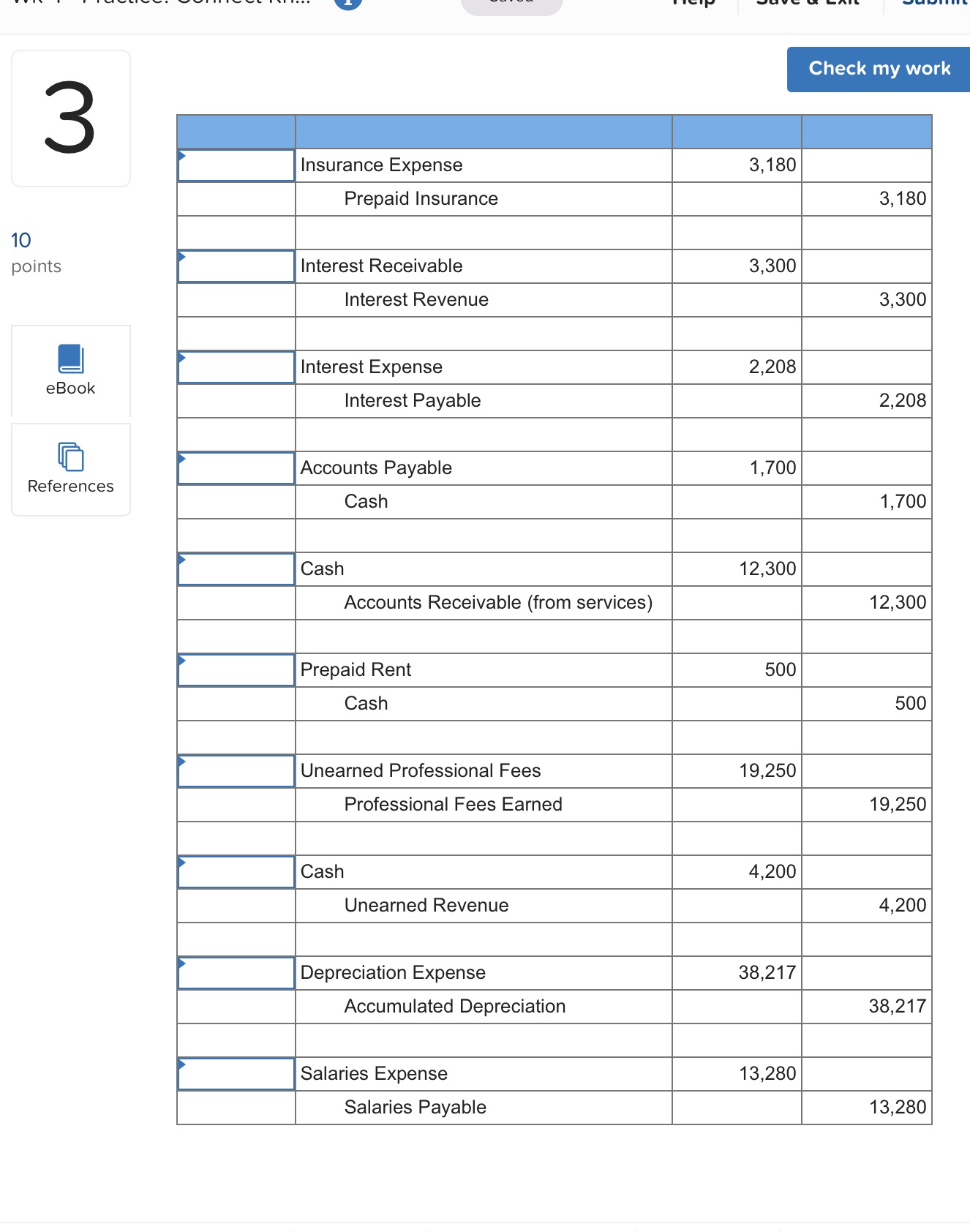 In the blank space beside each adjusting entry,