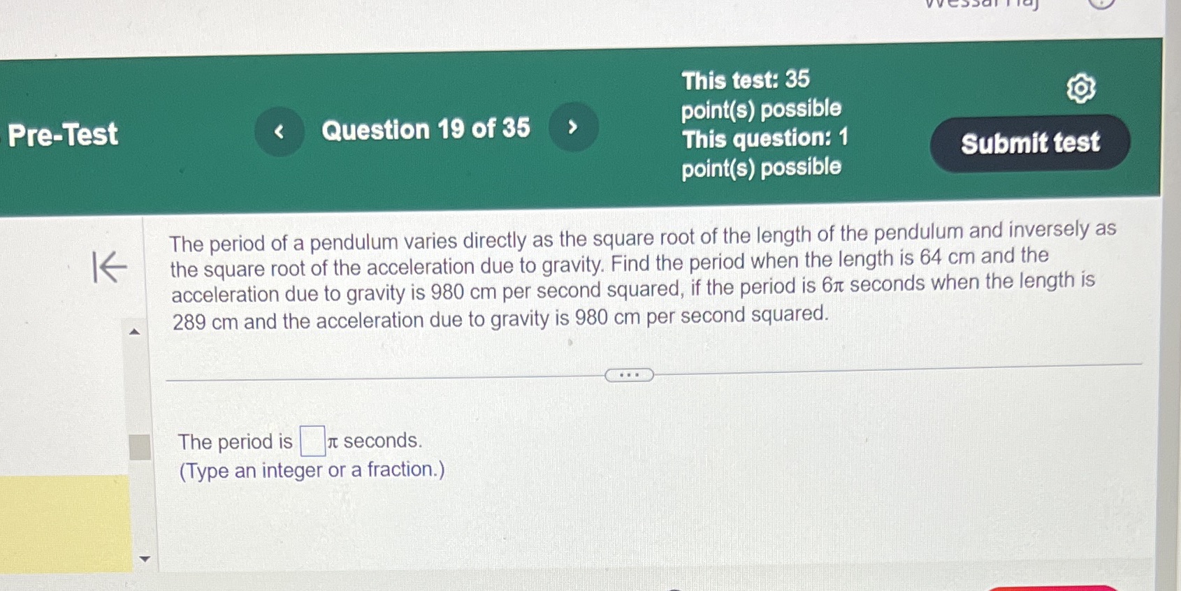 VVCJJOI I IUJ V This test: 35 @ point(s) possible