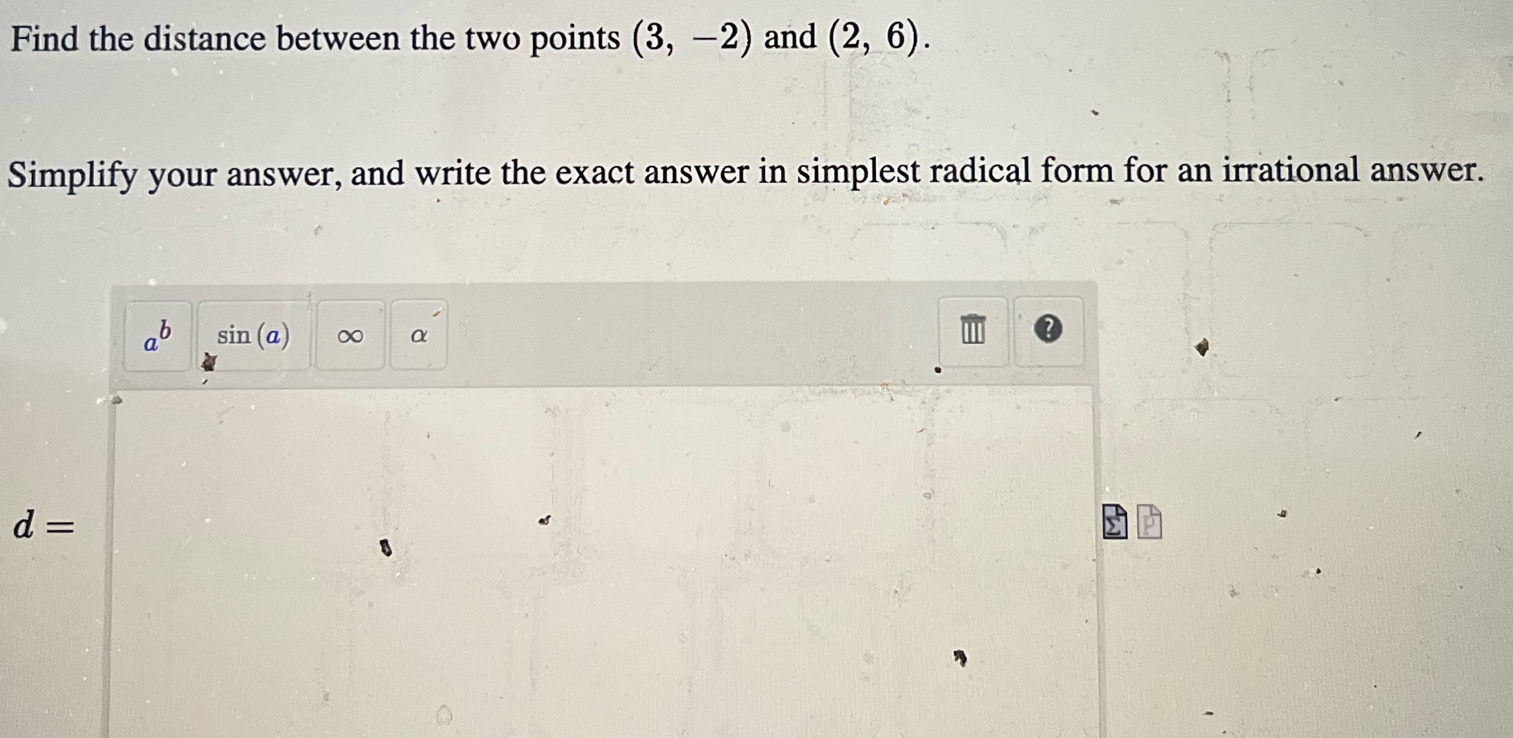 Find the distance between the two points (3, -2)