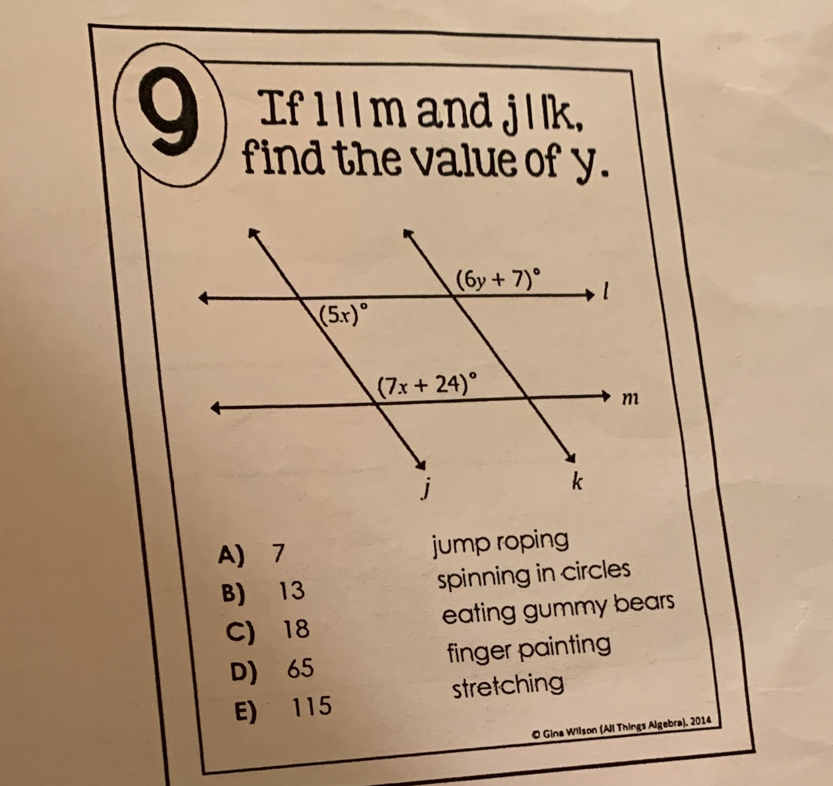 If llIm and jIlk, find the value of y. ( 6y + 7)