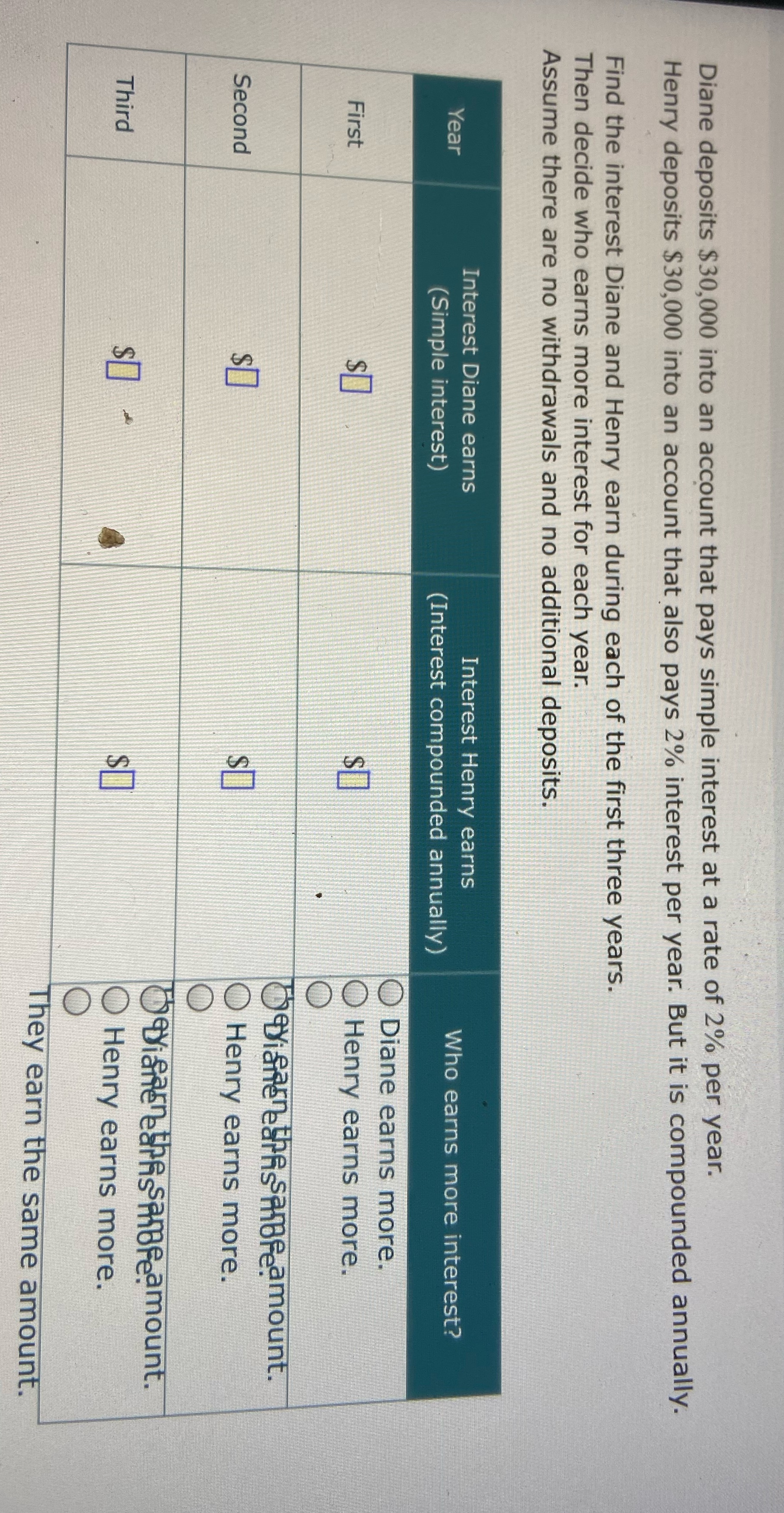 Diane deposits $30,000 into an account that pays