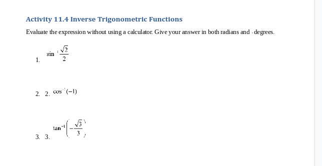 Activity 11.4 Inverse Trigonometric Functions
