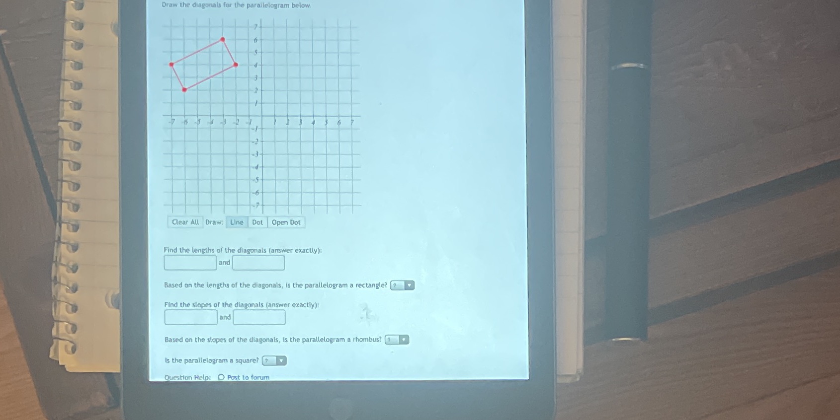 Draw the diagonals for the parallelogram below
