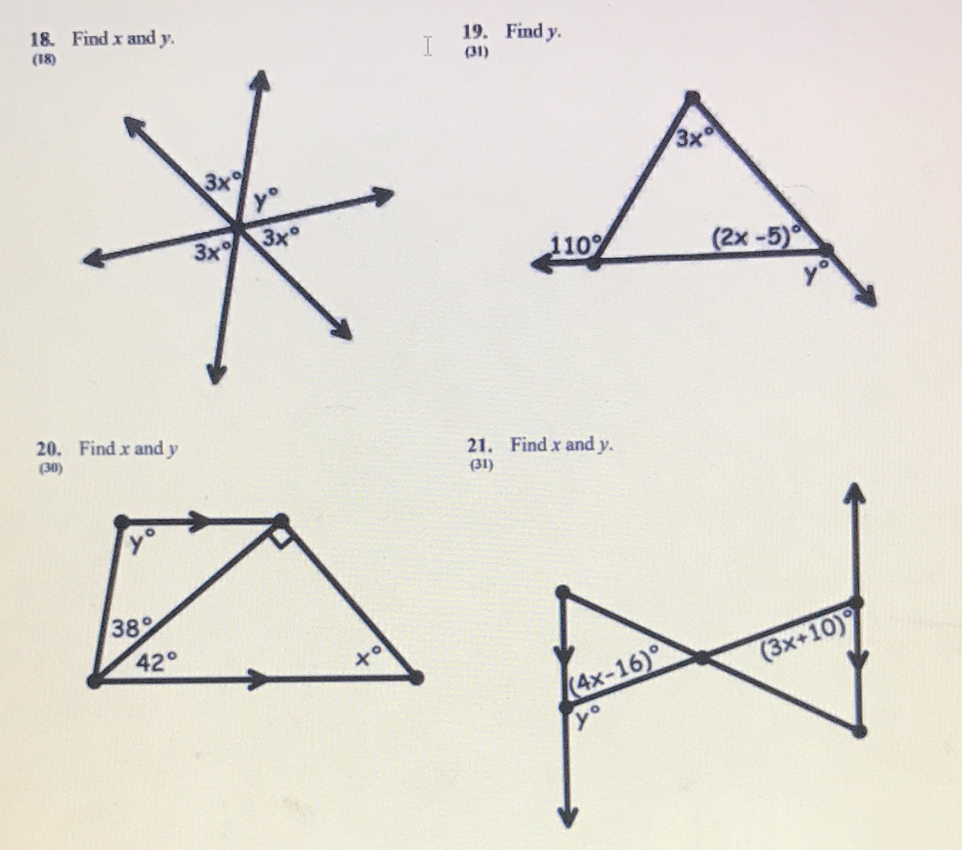 18. Find x and y. (18) T 19. Find y. (31) 3x0 3x