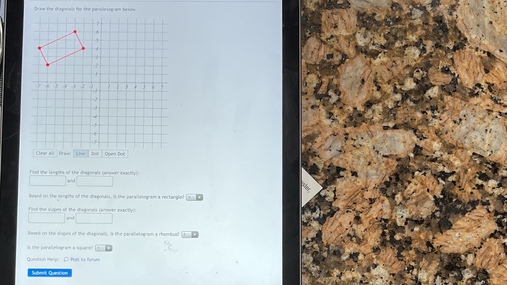 Draw the diagonals for the parallelogram below. -