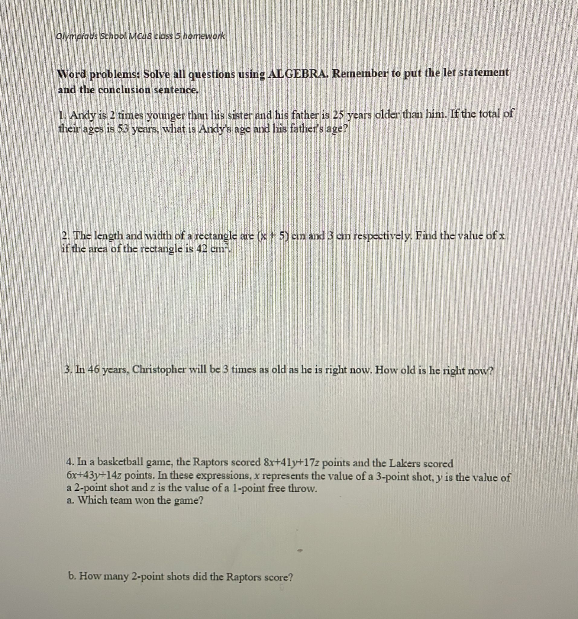 Olympiads School Micus class 5 homework Word