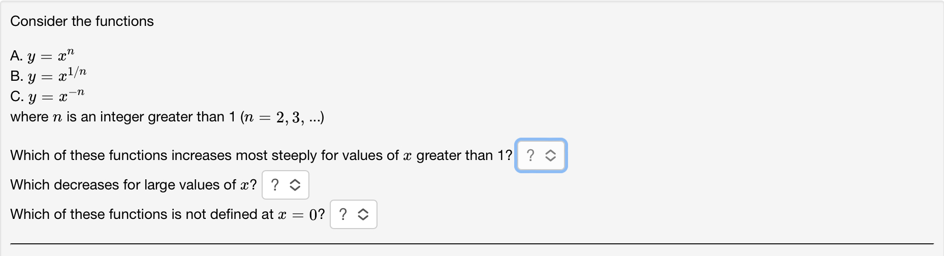 Consider the functions A.y=:1:n B.y=.7:1 C.y=