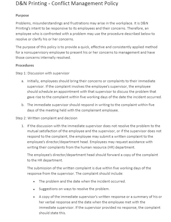D&N Printing - Conflict Management Policy Purpose