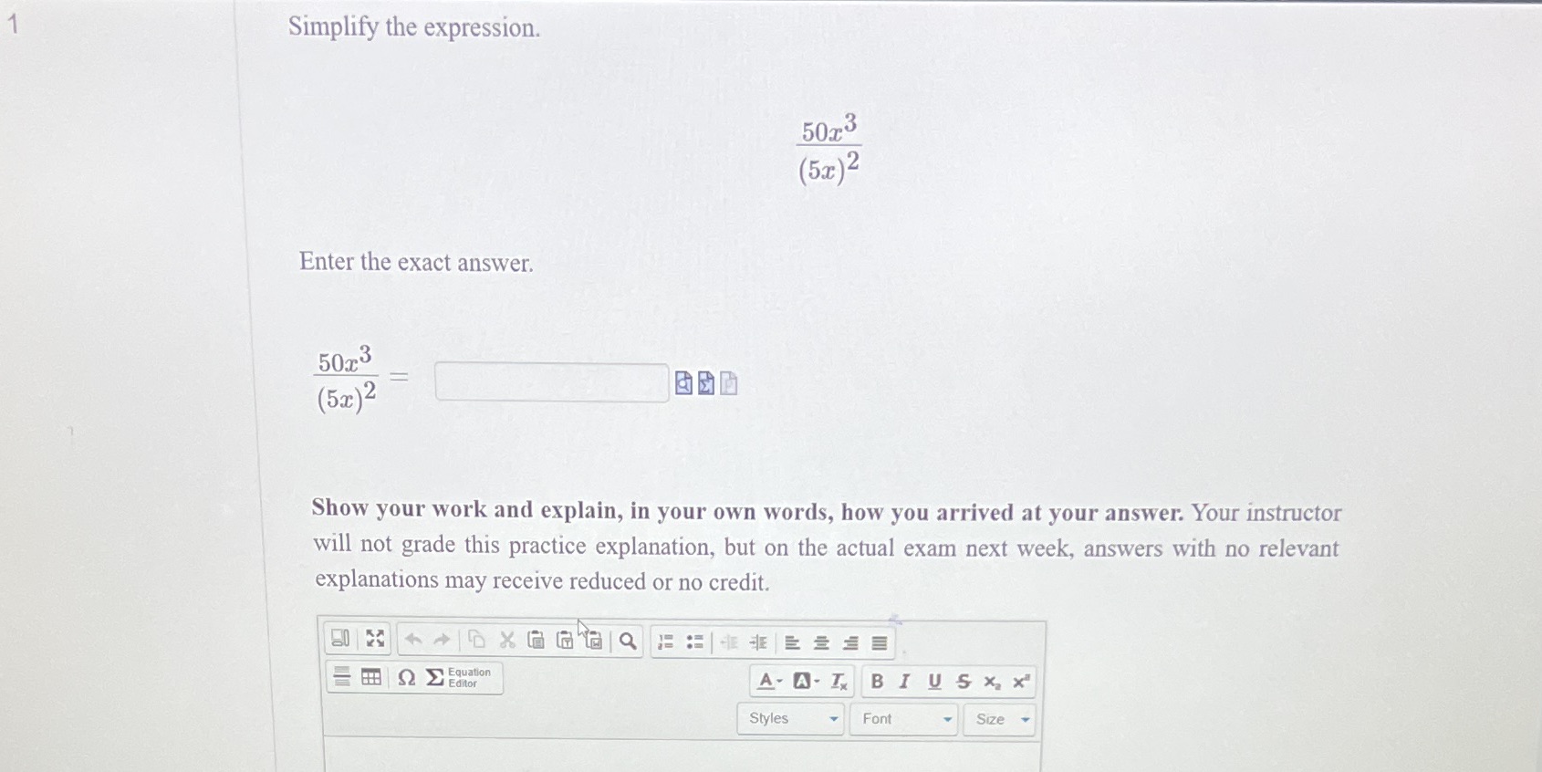 Simplify the expression. 5073 (5x)2 Enter the
