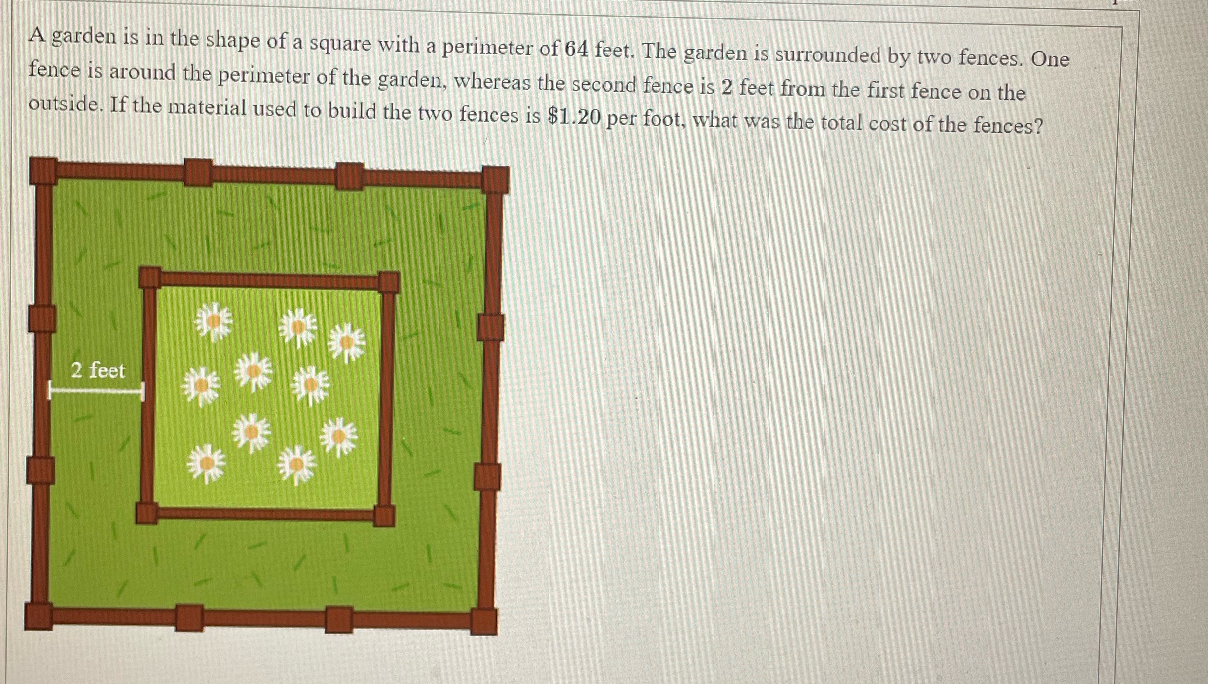A garden is in the shape of a square with a
