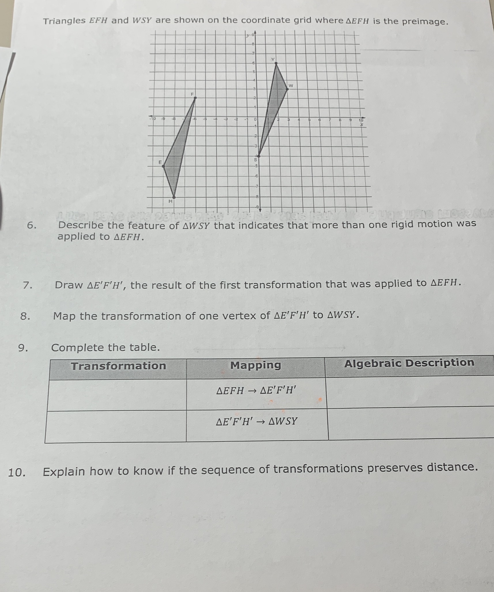 Triangles EFH and WSY are shown on the coordinate