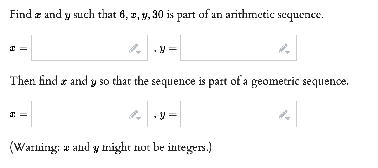 Find x and y such that 6, x, y, 30 is part of an